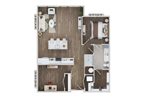 Floor plan for 1 bed, 1 bath, 1075 sqft